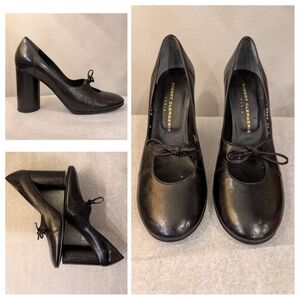 Robert Clergerie Paris Black Leather Lace-Up Block Closed Toe High Heel Pumps 6
